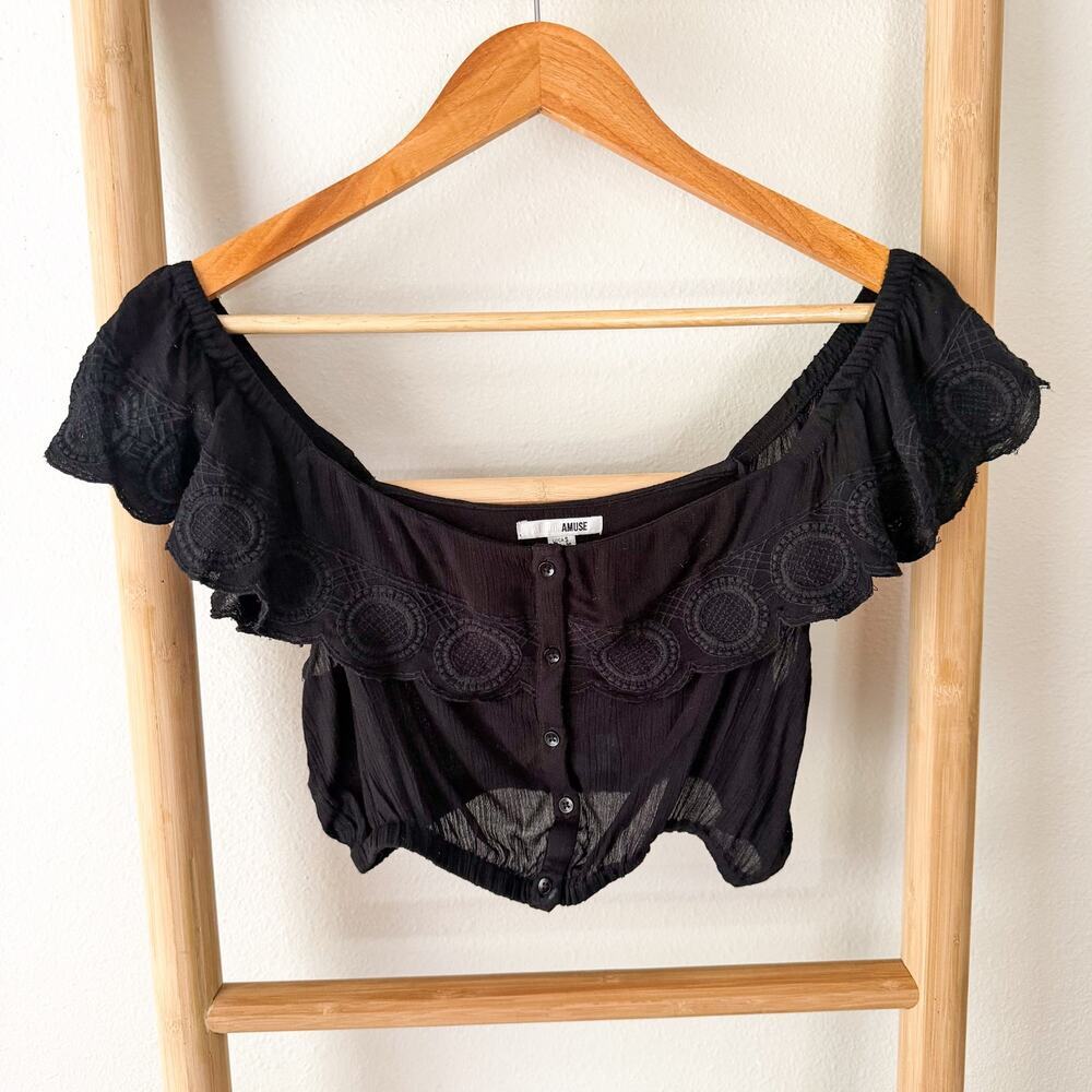 Amuse Society Black Off Shoulder Crochet Crop Top Womens Small Boho
